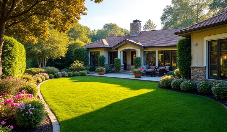 Beautiful residential backyard with manicured lawn